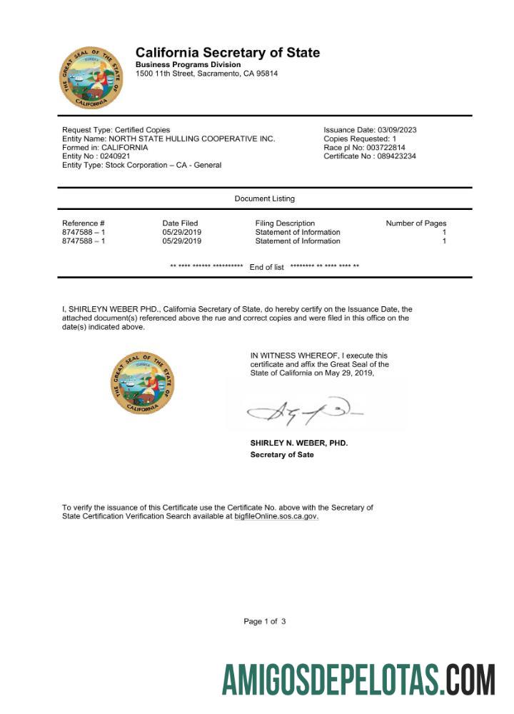 Em branco modelo Word e PDF de certificado de autenticação de documento do estado da Califórnia nos EUA